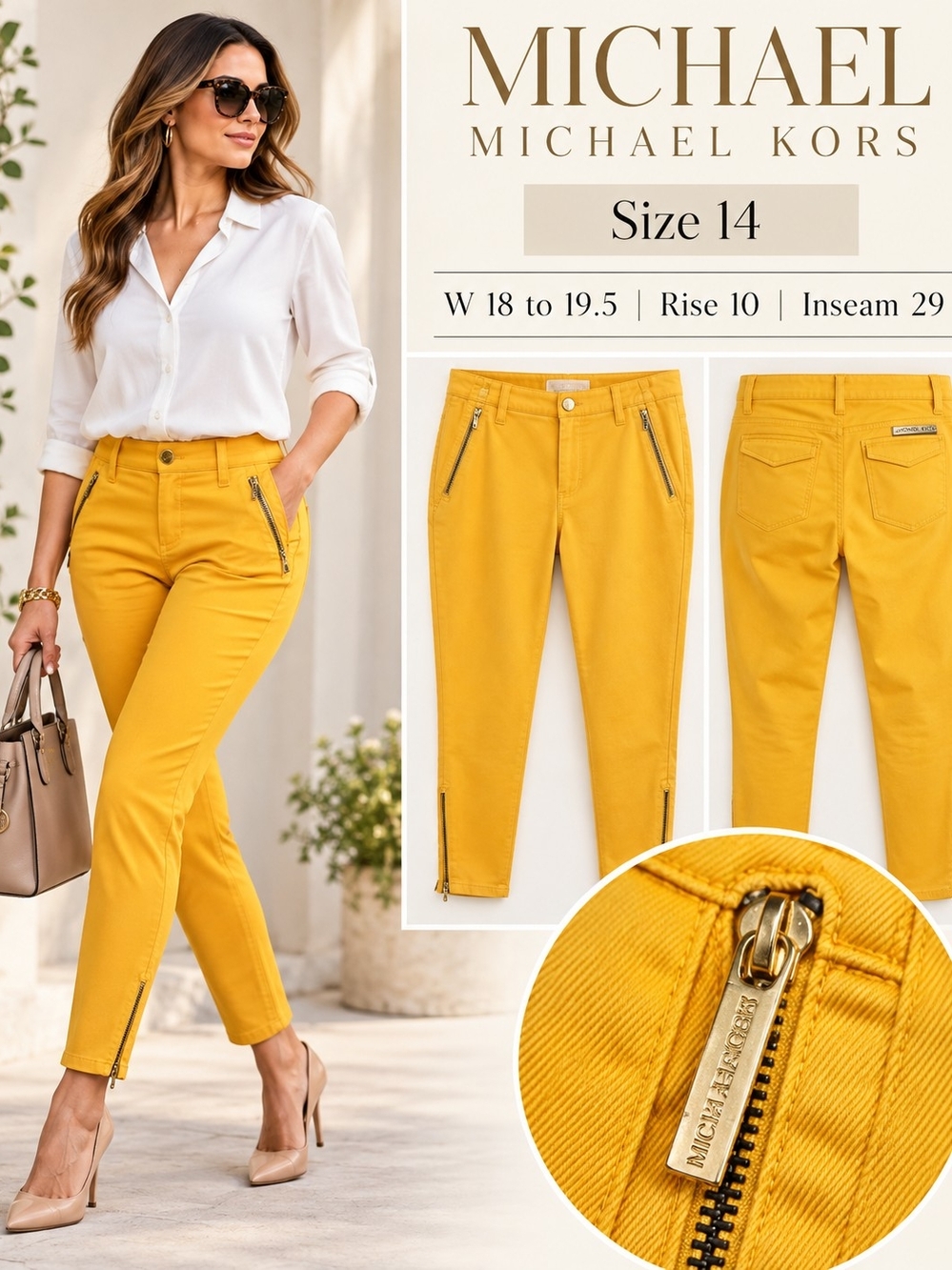 MICHAEL Michael Kors Mustard Yellow Skinny Ankle Pants Gold Zips Size 14
